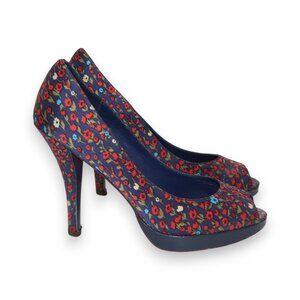 Betsey Johnson Floral Peep Toe Platform Heels Navy Red Size 8.5